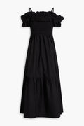 Cold-shoulder shirred poplin midi